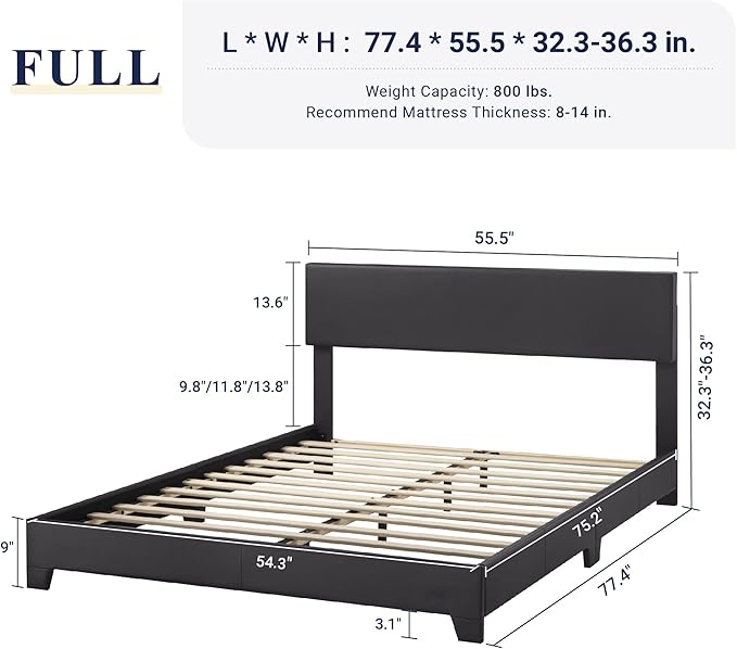 Allewie Full Size Bed Frame with Adjustable Headboard, Faux Leather Platform Bed with Wood Slats, Heavy Duty Mattress Foundation, No Box Spring Needed, Noise-Free, Easy Assembly, Black