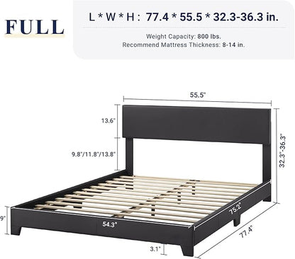 Allewie Full Size Bed Frame with Adjustable Headboard, Faux Leather Platform Bed with Wood Slats, Heavy Duty Mattress Foundation, No Box Spring Needed, Noise-Free, Easy Assembly, Black