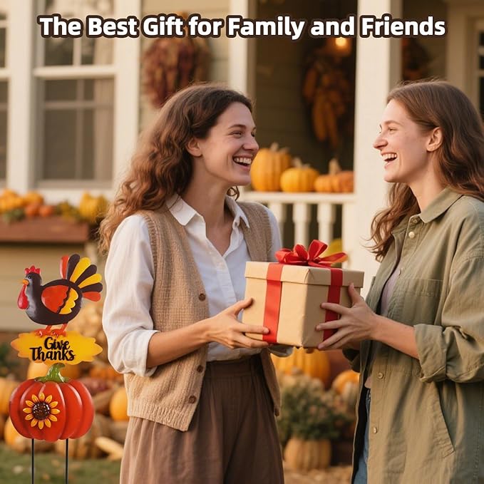 Turkey Thanksgiving Decorations Outdoor 38.5inch with Give Thanks Sign and Sunflowers, Metal Pumpkin Yard Stakes for Fall Garden, Lawn, and Harvest Decorations Outdoor