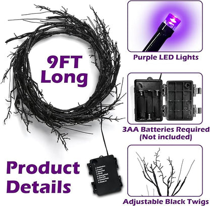 9 Ft 54 LED Halloween Willow Vine Twig Decor Garland Waterproof Battery Operated Halloween Decorations for Home Wall Mantle Fireplace Decor
