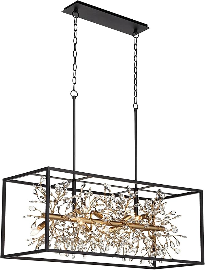 Possini Euro Design Carrine Black Painted Gold Linear Pendant Chandelier 38 1/2" Wide Modern Clear Crystal 8-Light Fixture Dining Room House Foyer Entryway Bedroom Kitchen Island Hallway Ceilings