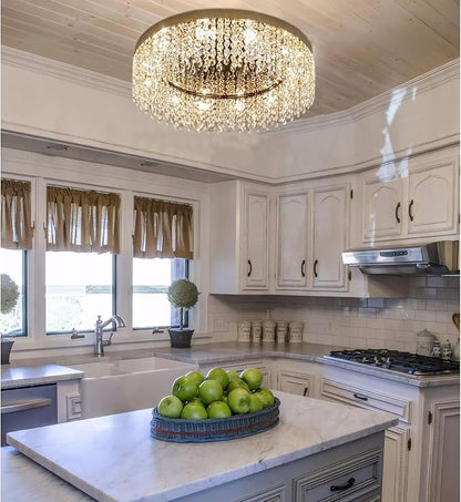 Modern Crystal Chandelier 20 inch Round Raindrop Crystal Chandeliers Flush Mount Chandelier Chrome Silver Ceiling Light Fixture for Living Room Dining Room Bedroom