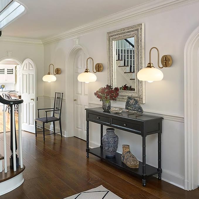 KCO Lighting 1-Light Vintage Bathroom Wall Sconces Gold Globe Wall Sconce Lighting Brushed Brass Bedroom Wall Lighting Milk Glass Wall Light Industrial Wall Lamp for Hallway Porch