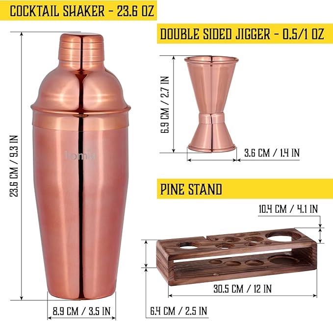 Bartender Kit with Whiskey Smoker - 13 pcs, Pine Stand - Bar Set with Cocktail Shaker, Bartending Kit with Essential Bar Accessory Tools, Wood Chips, Pink Gold