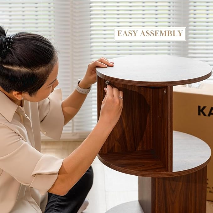 KAYMILY Round End Tables, Mid Century Modern 3 Tier Side Table for Living Room, Bedroom, Office, 25" Tall Accent Nightstand with Open Storage Shelves, Easy Assembly, MDF Wood - Rotating - Walnut