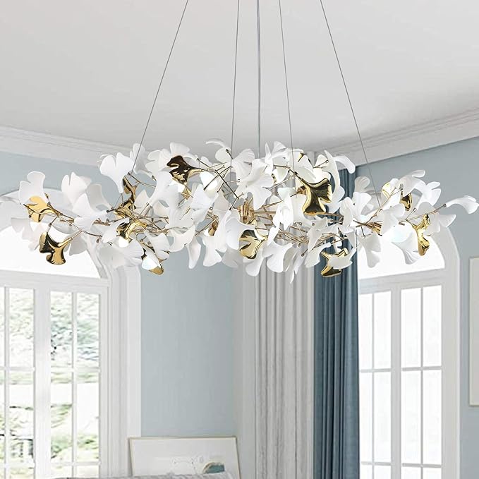 59in Gold Branch Chandelier, Modern White Ginkgo Leaf Chandeliers, Hanging Brass Gold Chandelier Pendant Light Fixture for Living Room, Dining Room 10-Light