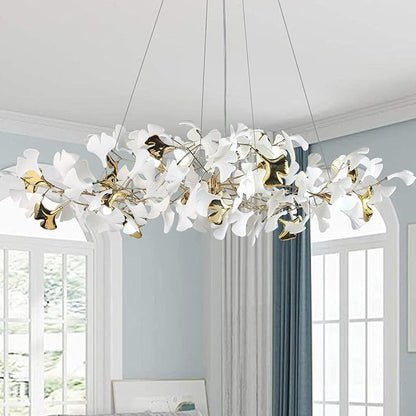 59in Gold Branch Chandelier, Modern White Ginkgo Leaf Chandeliers, Hanging Brass Gold Chandelier Pendant Light Fixture for Living Room, Dining Room 10-Light