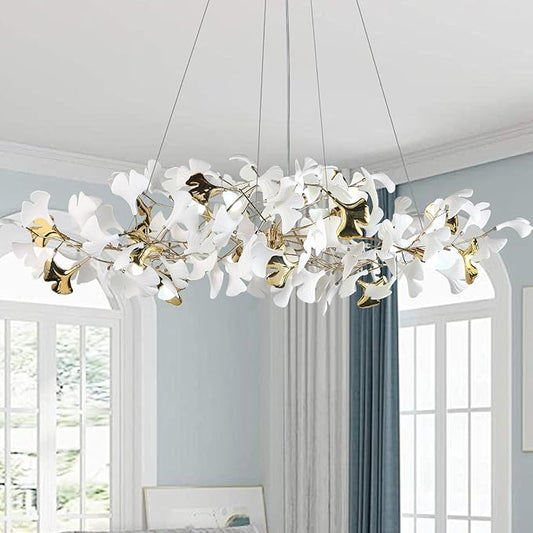 59in Gold Branch Chandelier, Modern White Ginkgo Leaf Chandeliers, Hanging Brass Gold Chandelier Pendant Light Fixture for Living Room, Dining Room 10-Light