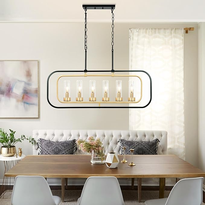 Dining Room Chandelier, 36" Modern Farmhouse Chandelier Black and Gold Dining Room Light Fixture 6-Light Kitchen Island Lights Horizontal Linear Pendant Light Fixtures with Clear Glass Shade