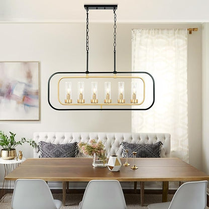 Dining Room Chandelier, 36" Modern Farmhouse Chandelier Black and Gold Dining Room Light Fixture 6-Light Kitchen Island Lights Horizontal Linear Pendant Light Fixtures with Clear Glass Shade