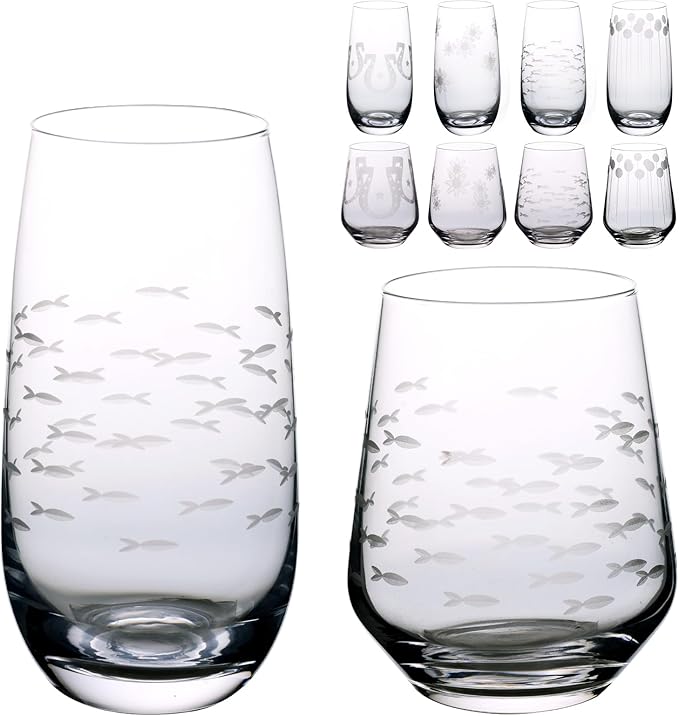 Set of 8 Etched Drinking Glasses, Hand Blown, 4 Highball Glasses 18oz & 4 Stemless Wine Glasses 15oz, Clear Water Glass Cups with Abstract Pattern, for Wedding, Gift