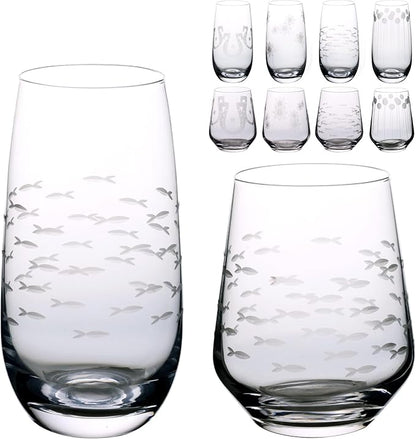 Set of 8 Etched Drinking Glasses, Hand Blown, 4 Highball Glasses 18oz & 4 Stemless Wine Glasses 15oz, Clear Water Glass Cups with Abstract Pattern, for Wedding, Gift