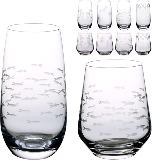 Set of 8 Etched Drinking Glasses, Hand Blown, 4 Highball Glasses 18oz & 4 Stemless Wine Glasses 15oz, Clear Water Glass Cups with Abstract Pattern, for Wedding, Gift