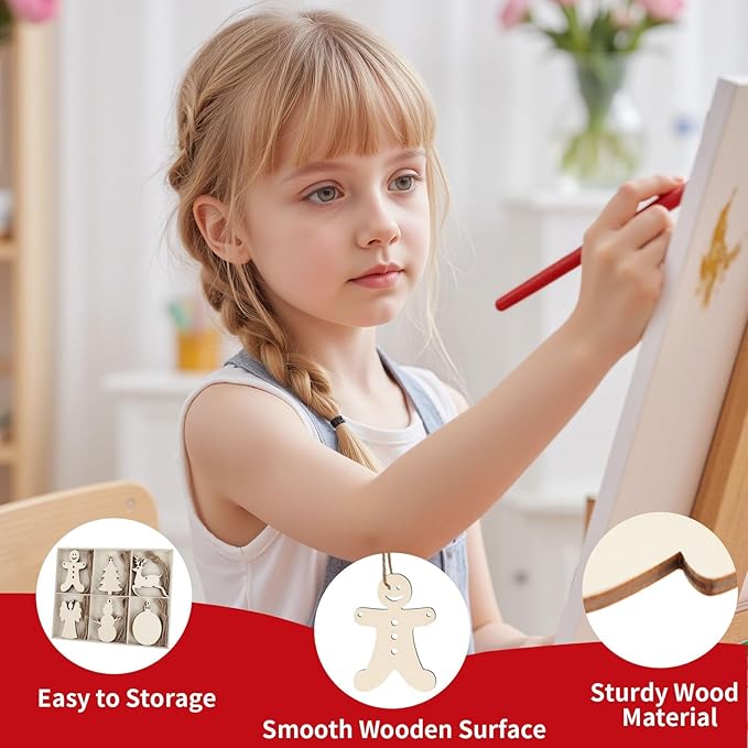 MACTING 30PCS Wooden Christmas Ornaments Unfinished Predrilled Natural Wood Slices DIY Blank Hanging Ornaments Kit for Crafts Centerpieces Christmas Tree Decorations, 6 Styles