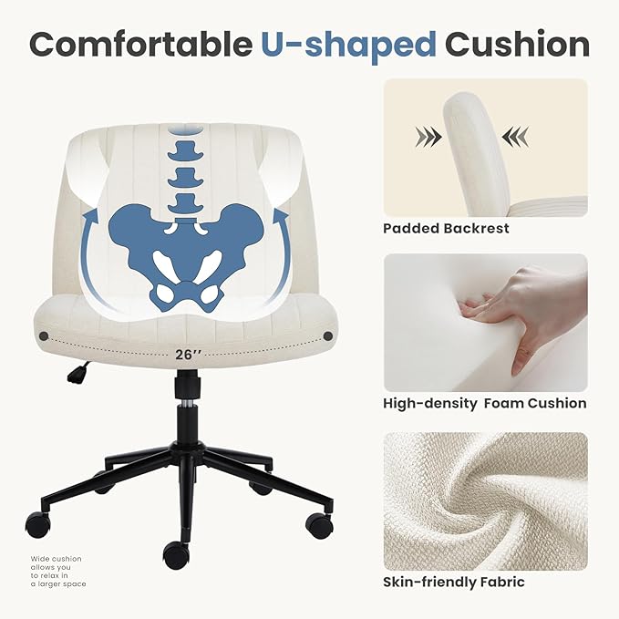 DUMOS Criss Cross Chair with Wheels, Wide Cross Legged Desk Vanity Chairs, Fabric Armless Adjustable Swivel Chairs for Home Computer Task, Beige