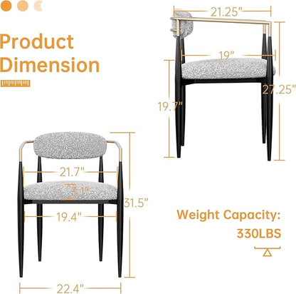 Morden Fort Modern Boucle Dining Chairs Set of 2, Grey Upholstered Dining Chairs with Black Metal Legs and Gold Armrest, for Kitchen, Living Room and Café