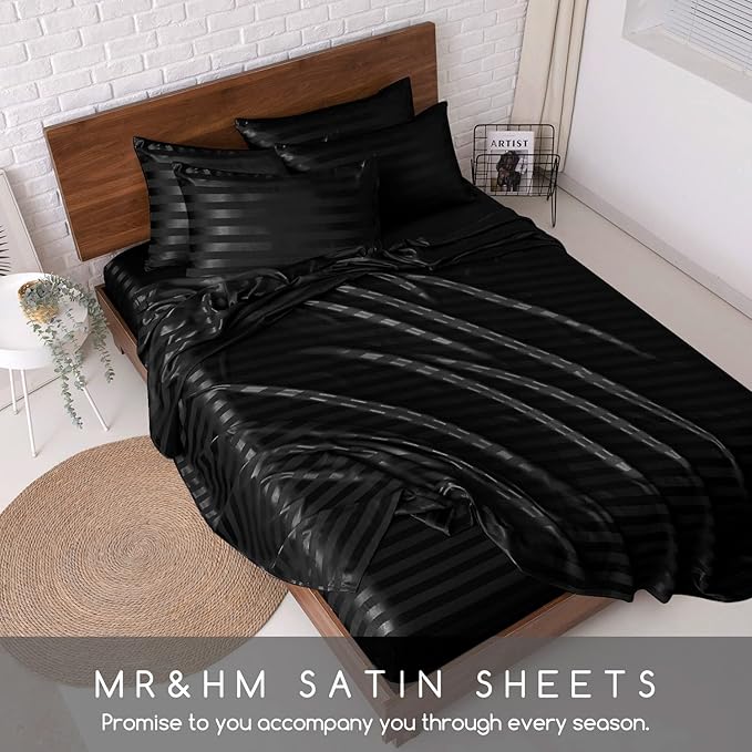 MR&HM Satin Bed Sheets, Queen Size Sheets Set, 6 Pcs Silky Bedding Set with 15 Inches Deep Pocket for Mattress (Queen, Black Striped)