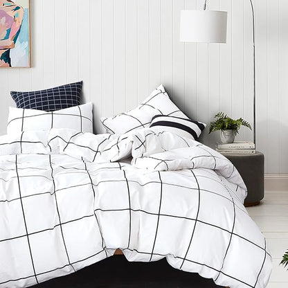 Pureant White Plaid Comforter Sets Queen Size Black and White Grid Bedding Comforters Cotton Women Men Modern Simple Geometric Quilt Comforter Adults Teens White Buffalo Plaid Comforter Bedding Soft