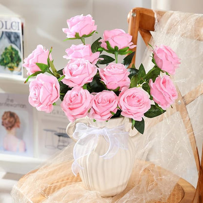 Nubry 50pcs Artificial Silk Roses Bulk,Fake Roses Flower with Stems Realistic Flowers for Wedding Centerpiece Home Party Decor(Pink)