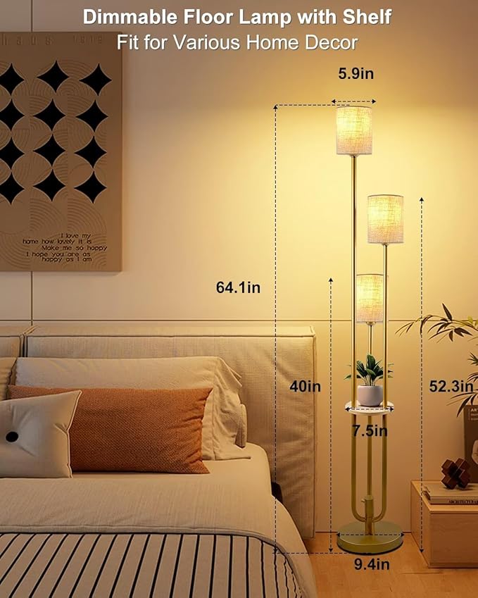 Gold Floor Lamp Dimmable 64IN Tall Standing Lamps with Soft Warm White Eye Care 3000K G9 Bulbs, Mid Century Modern Floor Lamp for Livng Room Bedroom