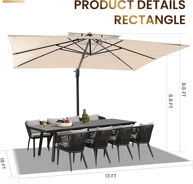 10 X 13 FT Cantilever Patio Umbrella Outdoor Heavy Duty Double Top Windproof Rectangle Offset Umbrellas with 360-degree Rotation for Pool Deck Backyard, Beige