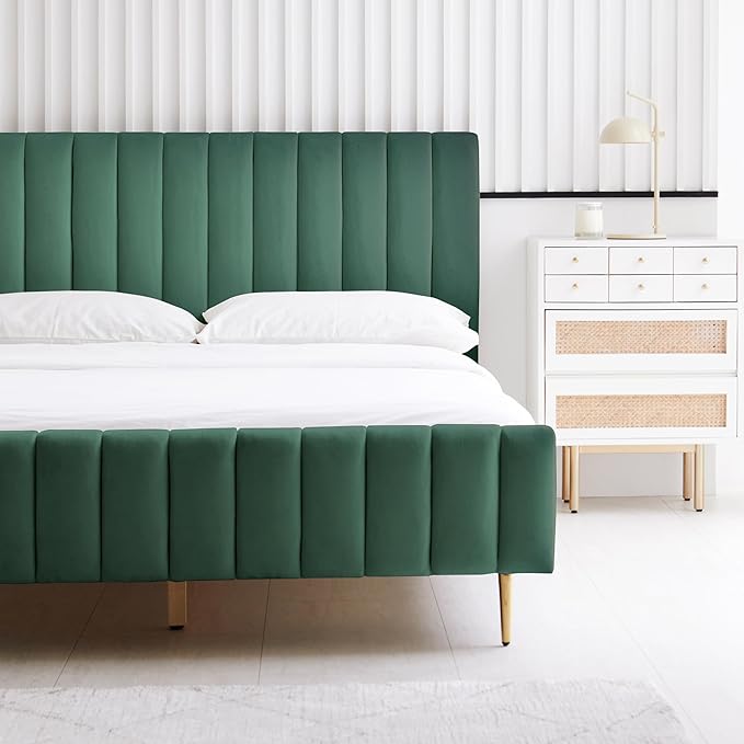 Livinia King Size Elton Velvet Platform Bed, Upholstered Bed Frame with Vertical Channel Tufted Headboard Footboard, Strong Wood Slats, No Box Spring Needed, Green (King)