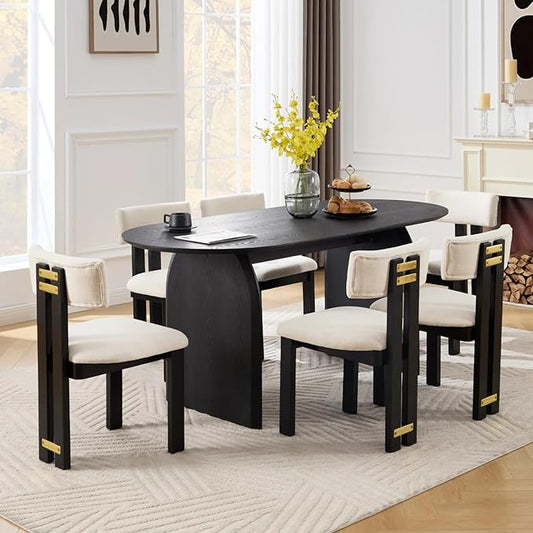 70" Farmhouse Oval Dining Table, Heavy-Duty Wood Dining Room Table for 4-6 Seats, Modern Kitchen Dinner Table & Home Desk with Easy-Clean Curved Tabletop, Black