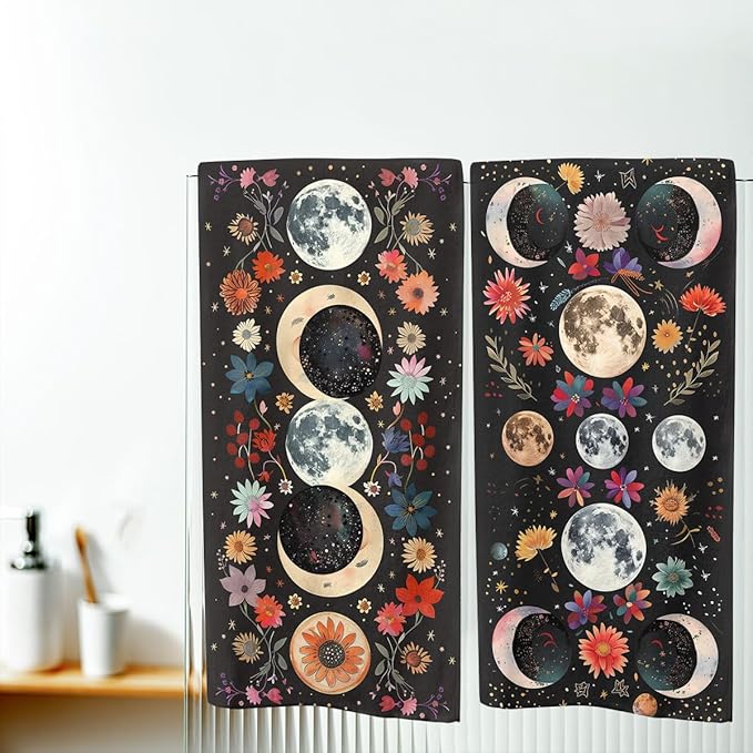 Aesthetic Moon Flower Kitchen Towels Set of 2 Decorative Stars Plant Floral Tabletop Decor Moon Flower