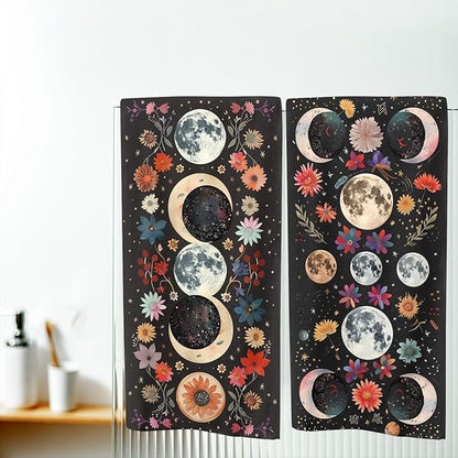 Aesthetic Moon Flower Kitchen Towels Set of 2 Decorative Stars Plant Floral Tabletop Decor Moon Flower