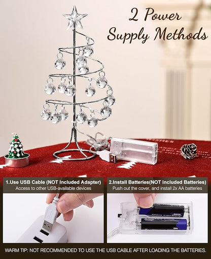 Lewondr Christmas Tree Lamp, 11 Inch Battery/USB Powered Crystal Spiral Christmas Tree Lava Lamp with Star Topper, Christmas Tree Light with Metal Stand Acrylic Balls for Home Bedroom Xmas, Silver
