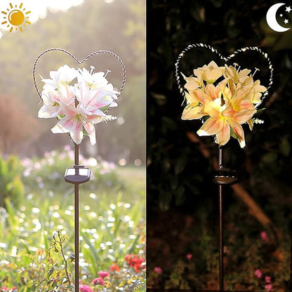 Starryfill Garden Solar Lights Outdoor Heart-Shaped with White Lily Flowers, Metal Stake Lights with 25led Warm White Decorative for Remembrance Gifts Cemetery Decorations Birthday's Day