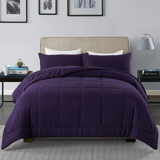 DOWNCOOL Full Size Purple Bedding Comforter Set - All Season Down Alternative Quilted Comforter with 2 Pillowcases - 3 Pieces Set