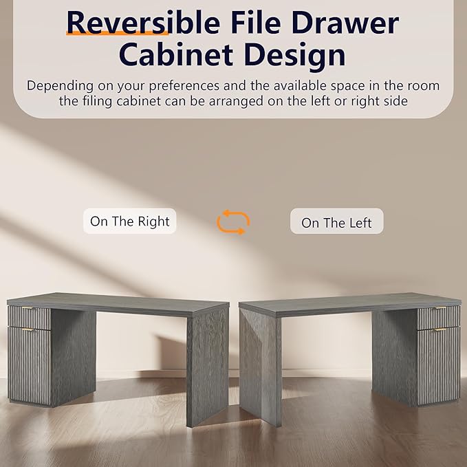 JXQTLINGMU 60" Modern Executive Desk with Storage, Wood Home Office Desk with Drawer & Cabinet, Fluted Computer Writing Desk for Study, Work, Living Room, Bedroom, Grayish Green