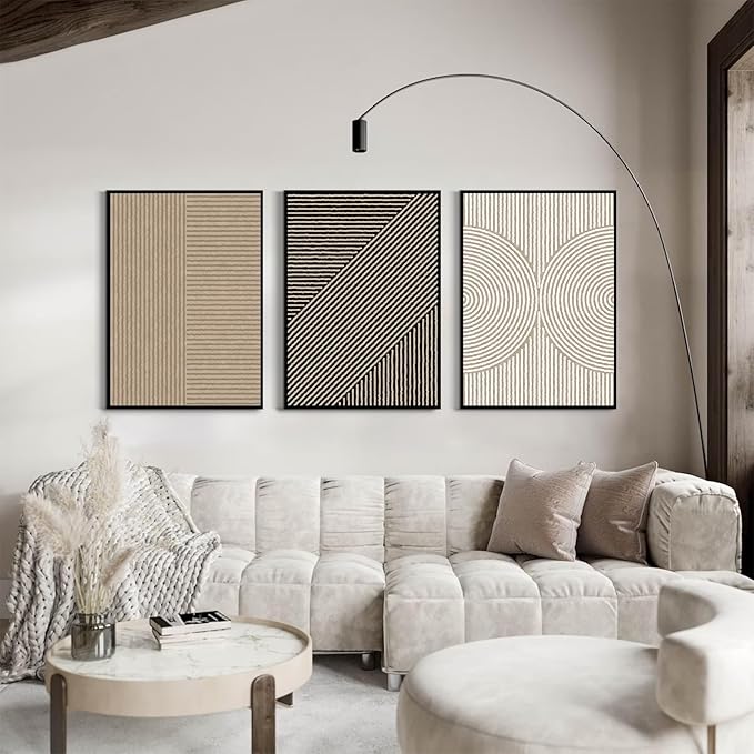 Boho Modern Wall Art Pictures Neutral Abstract Canvas Wall Decor Minimalist Line Wall Art Beige Brown Black Poster Mid Century Painting Artwork for Living Room Bedroom 12x16 Inch Framed Set of 3