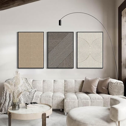 Boho Modern Wall Art Pictures Neutral Abstract Canvas Wall Decor Minimalist Line Wall Art Beige Brown Black Poster Mid Century Painting Artwork for Living Room Bedroom 12x16 Inch Framed Set of 3