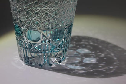 Hand Cut Whiskey Glass Japanese Style Edo Kiriko Inspired Sea Aquamarine Fluorite Tumbler 10oz Lead Free Blown Glass, Blue Design