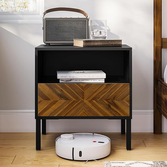 Bme Vivian Side Tables Bedroom, Solid Wood Bed Side Table, Mid Century Modern End Table with Drawer, Herringbone Pattern, Compact for Bedroom & Living Room, Easy Assembly, Chestnut