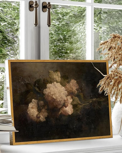 KBKBART Framed Canvas Wall Art Vintage , Dark Vintage Still Life Flower Canvas Oil Painting, Classical Moody Peony Bouquet Prints for Wall Decor, Antique Floral Art Painting Victorian Decor Artwork for Bedroom Living Room Bathroom Gallery(12"x16")
