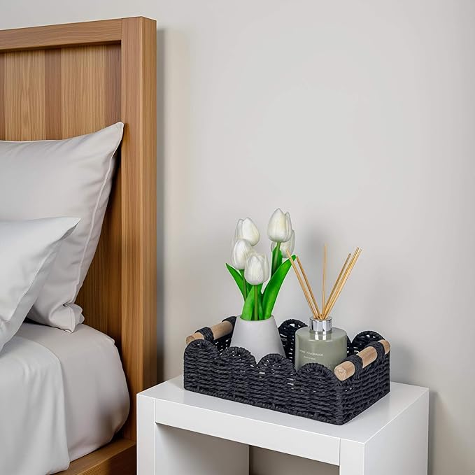 CubesLand Toilet Paper Storage Basket Scalloped Edge Home Decor Basket, Living Room Cozy Decor, Paper Rope Small Baskets for Over Toilet Storage Shelf, Shelves, with 2 Wooden Handles, Black