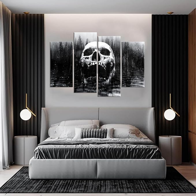 iHAPPYWALL Halloween Day of Dead Skull in Dark Foggy Lake Abstract Black and White Contemporary Picture Print 4 Panel Large Canavs for Modern Home Decoration Ready to Hang