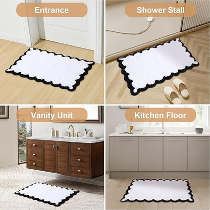 ORTIGIA Cute Scalloped Bathroom Rugs Non Slip Washable, Quick Dry Absorbent Plush Microfiber Bath Mats, Fun White and Black Bathmat for Bath Room Bathtub Shower, Floor for Sink Bedroom, 20x32