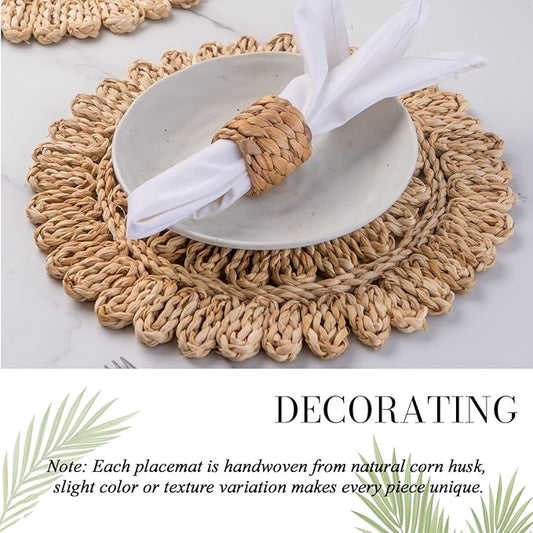 13.8" Round Corn Husk Placemats Set of 6 | Boho Rattan Woven Table Mats | Farmhouse Spring Plate Chargers Like Water Hyacinth, Seagrass for Wedding, Party, Christmas, Events