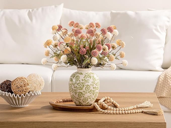 Ceramic Vintage Vase, Green Flower Decorative Vase Chinoiserie Decor Rustic Farmhouse Retro Floral Vases for Table Bookshelf Mantel Kitchen Living Room Office- 7.8inch Green