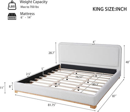 King Size Bed Frame, Upholstered Cloud Boucle Platform Beds Frames with Headboard, Anti-Collision Soft Rounded Corners Footboard, No Box Spring Required, Easy Assembly (40" White, King)