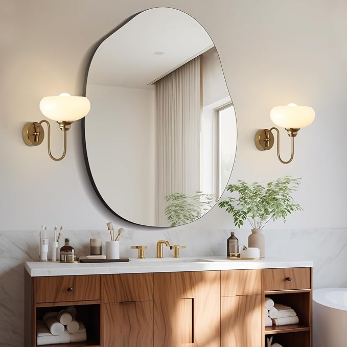 KCO Lighting Brushed Gold Wall Sconces Set of Two Milk Glass Wall Sconce Mid Century Modern Wall Sconce Frosted Globe Vanity Light Bathroom Sconces Wall Lighting Set of 2