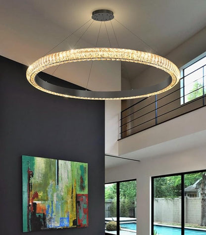 40" 1 Ring Crystal Chandelier Modern LED Dimmable Ring Pendant Light Chandelier for Dining Room Living Room Black