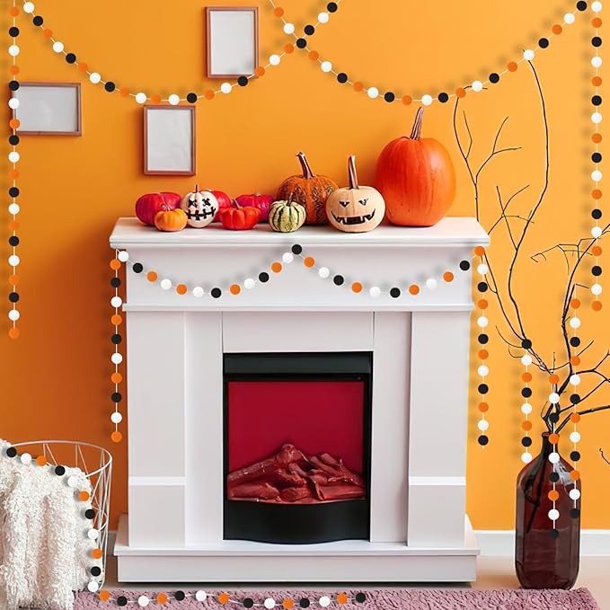 MARFOREVER Halloween Pom Pom Garlands Decorations, 4 Pack 26.3 Feet Halloween 30 Balls Black Orange White Felt Ball Hanging Garlands for Autumn Xmas Party Home Wall Decor Supplies