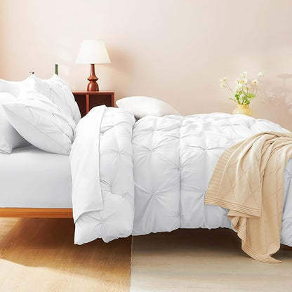 CozyLux King Size Comforter Set White, 7 Pieces Pintuck Bed in A Bag White Comforter King Size, Pinch Pleat Bedding Set with All Season Comforter, Sheets, Pillowcases & Shams