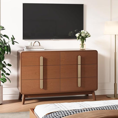 Dresser for Bedroom with 6 Drawers,Mid Century Modern Dresser with Storage,47" Wide Chest of Drawers with Metal Handles,Large Wood Drawer Organizer for Bedroom,Living Room,Hallway,Cherry