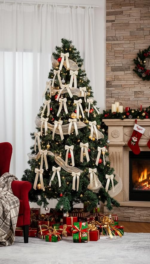 AYGXU 24pcs Twist Tie Bows,premade Rice White Bows for Gift Wrapping,Christmas Tree Bow tie,Christmas Ornaments,Double-Sided Ribbon Bow,Bag Ties Twists